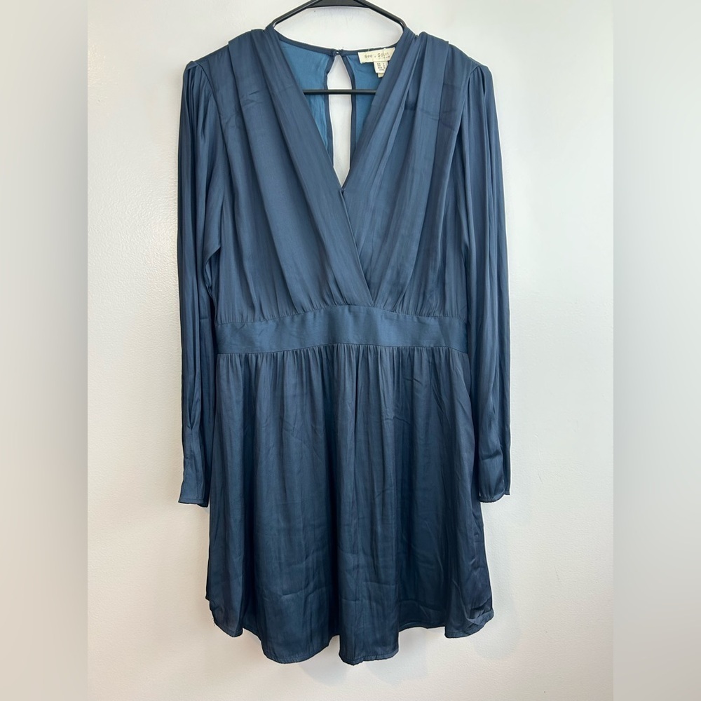 NWT See You Soon Dusty Blue Satin Long Sleeve Mini Dress Medium Anthropolgie